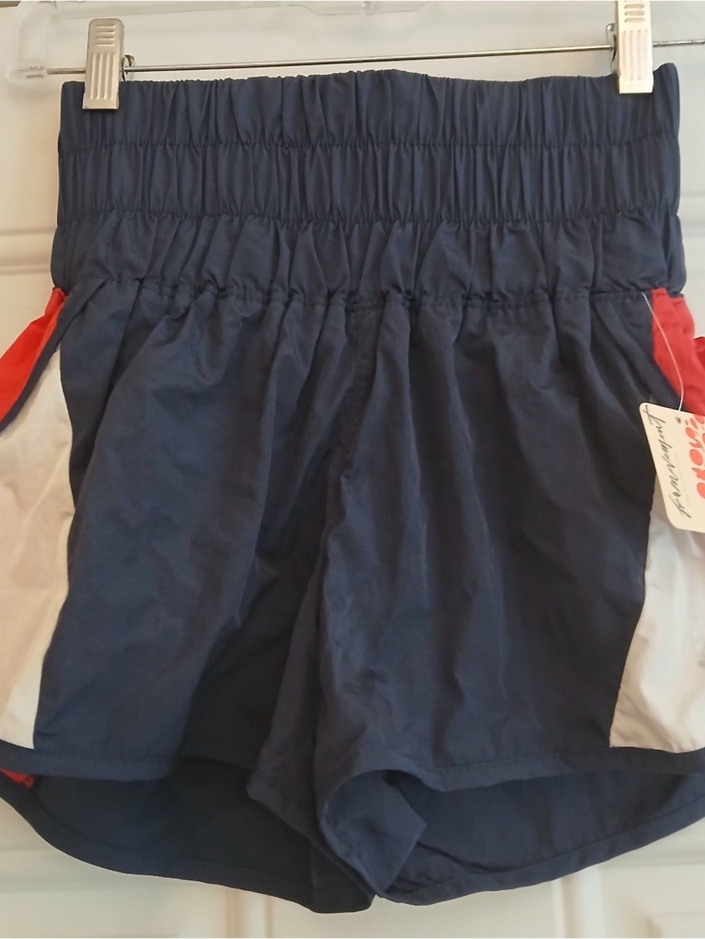 Free People Movement Shorts XS NWT Navy Red White Smocked High Rise Running Athl - Picture 2 of 2